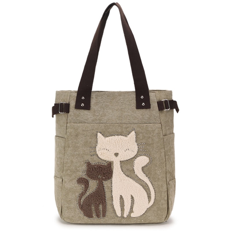 Cute Cat Canvas Tote Bag for Women Plush Kitten Shoulder Bag for School, Shopping & Daily Use