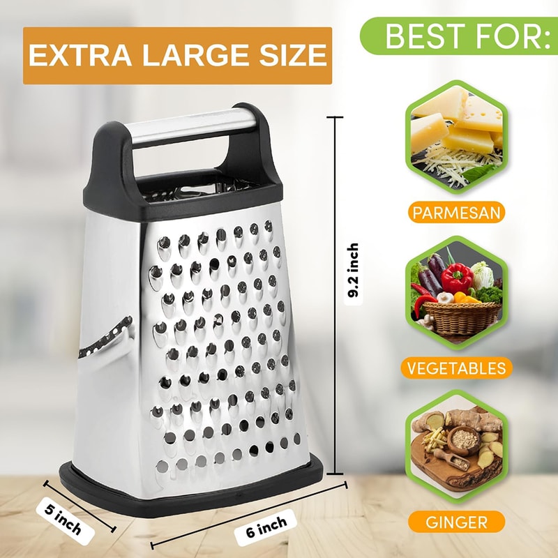 Professional Stainless Steel Cheese Grater with 4-Sided Box Design for Cheese, Vegetables & Citrus