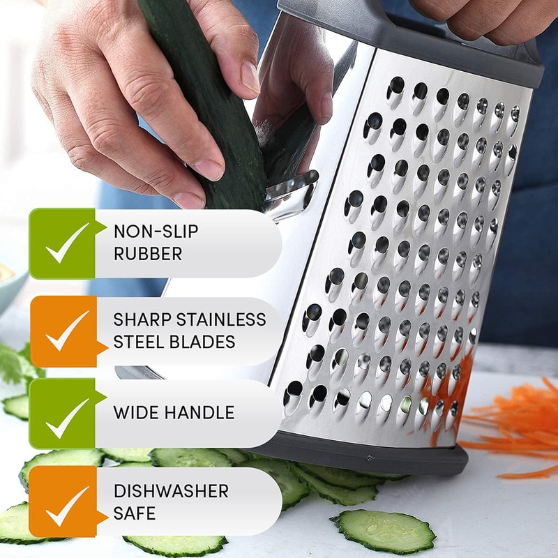 Professional Stainless Steel Cheese Grater with 4-Sided Box Design for Cheese, Vegetables & Citrus