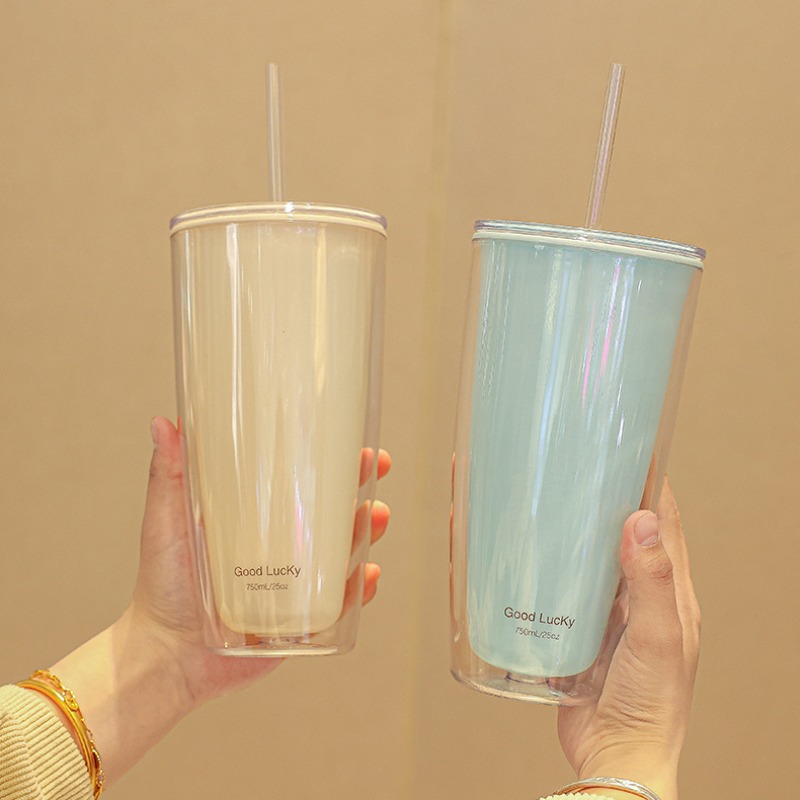 Double Wall Tumbler with Straw Reusable Cold Drink Cup for Iced Coffee & Juice
