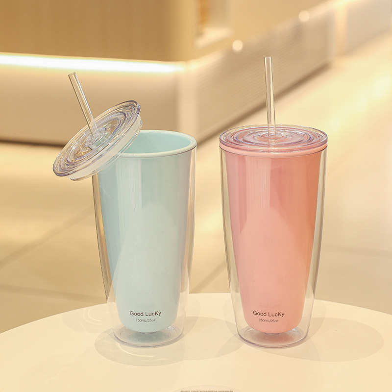 Double Wall Tumbler with Straw Reusable Cold Drink Cup for Iced Coffee & Juice