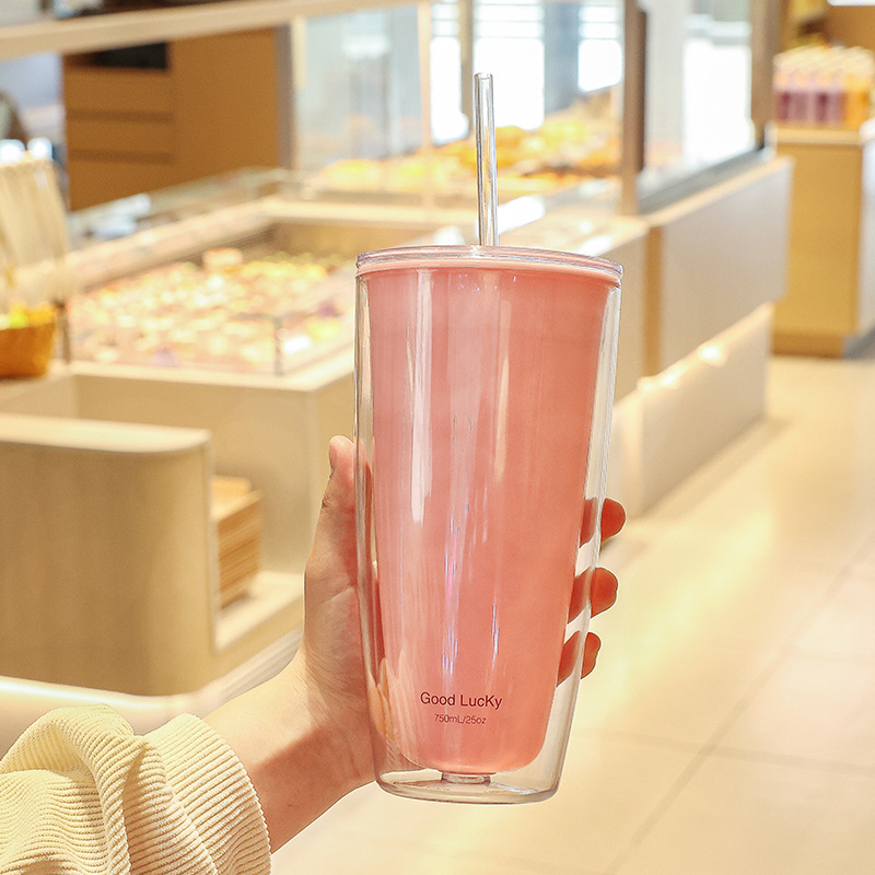 Double Wall Tumbler with Straw Reusable Cold Drink Cup for Iced Coffee & Juice