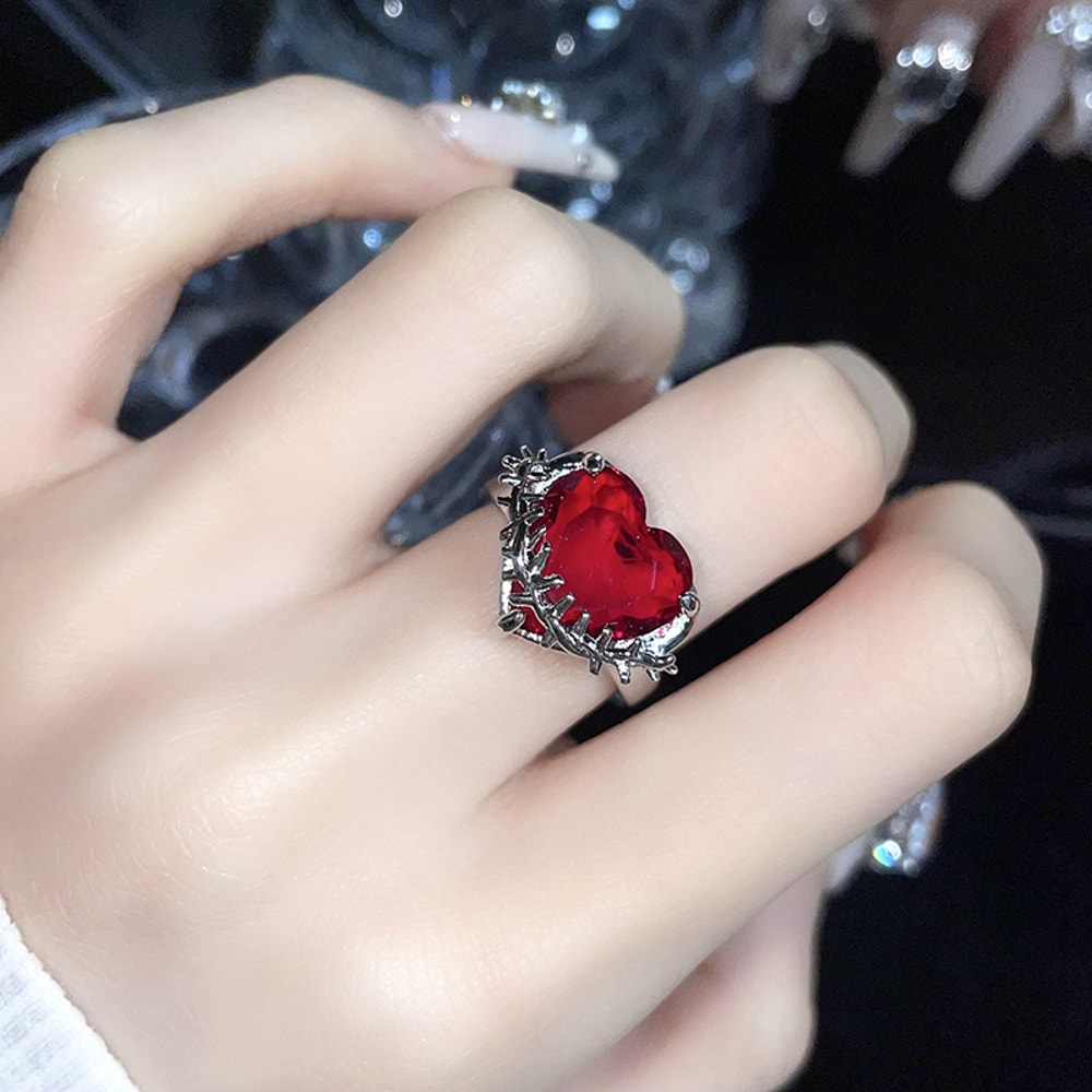 Vintage Red Crystal Heart Ring Adjustable Punk Jewelry for Women