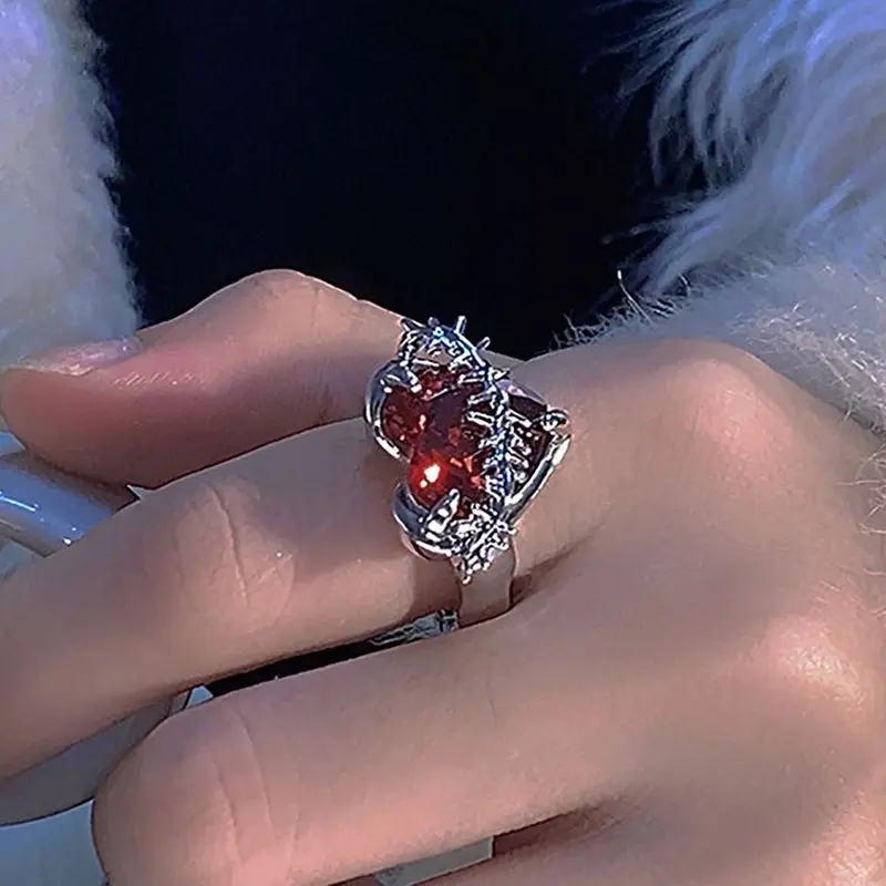 Vintage Red Crystal Heart Ring Adjustable Punk Jewelry for Women