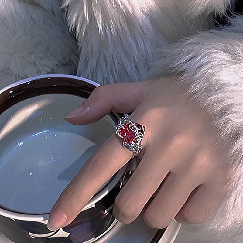 Vintage Red Crystal Heart Ring Adjustable Punk Jewelry for Women