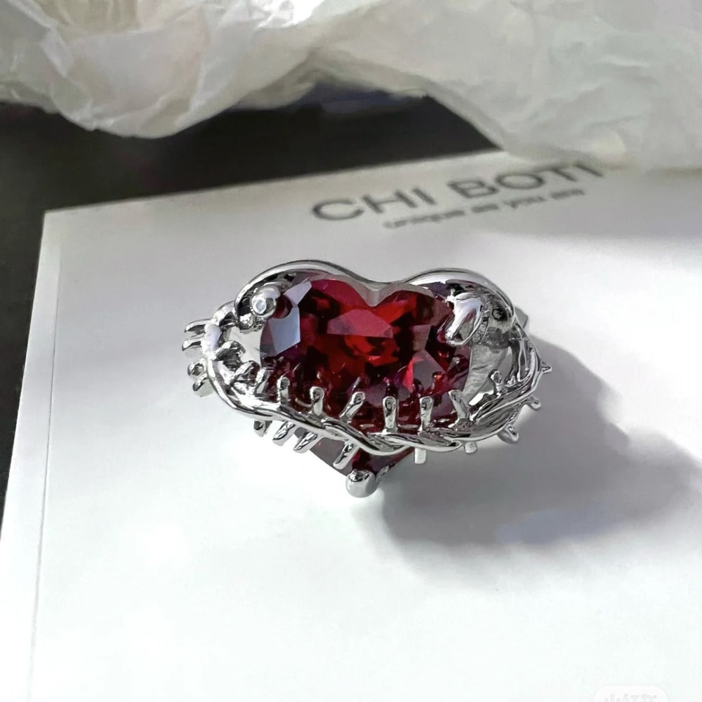 Vintage Red Crystal Heart Ring Adjustable Punk Jewelry for Women