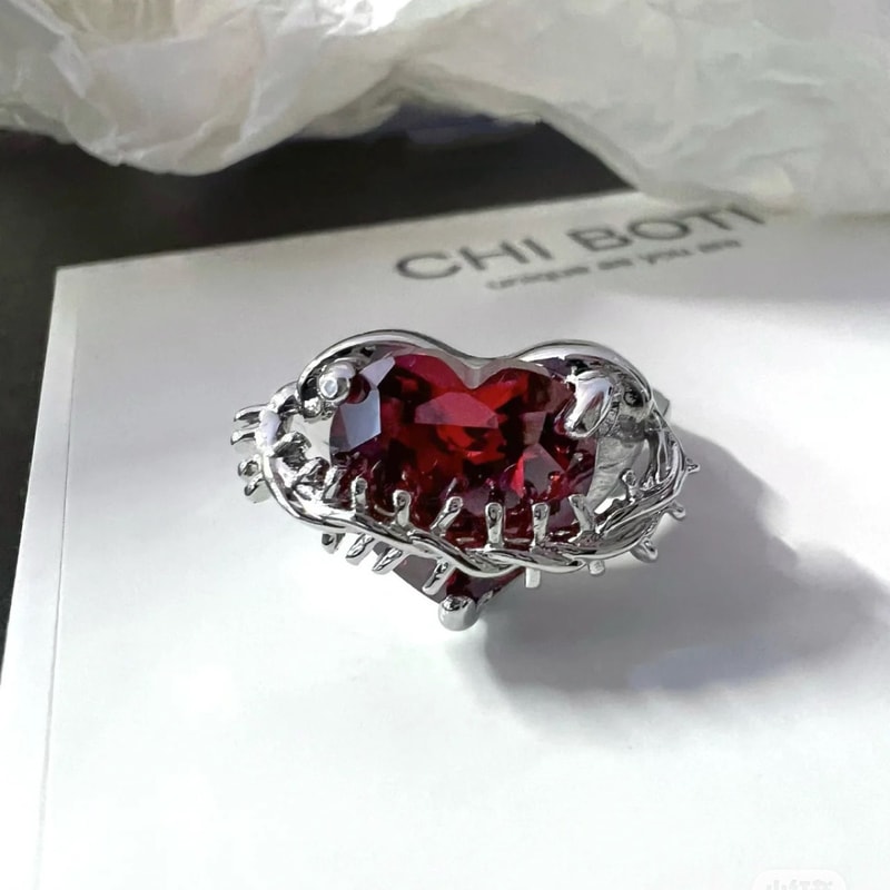 Vintage Red Crystal Heart Ring Adjustable Punk Jewelry for Women