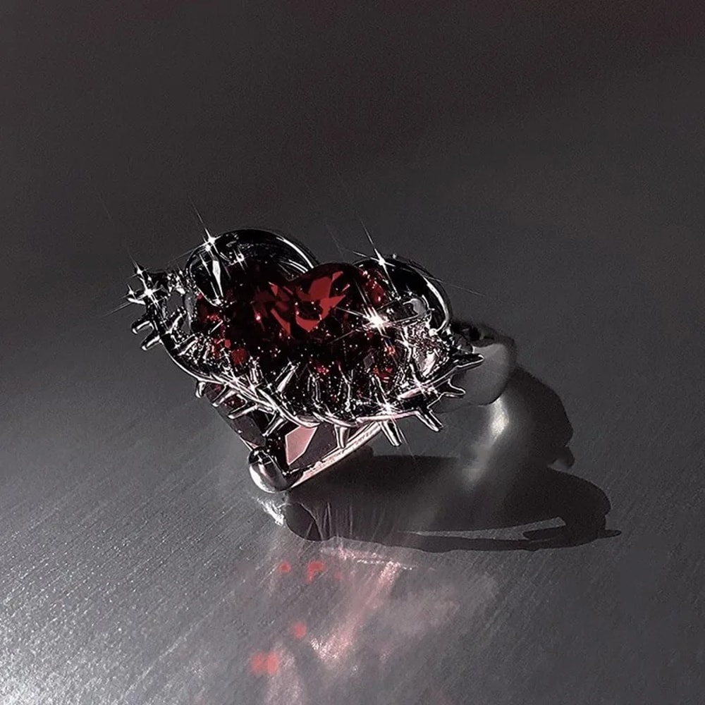 Vintage Red Crystal Heart Ring Adjustable Punk Jewelry for Women