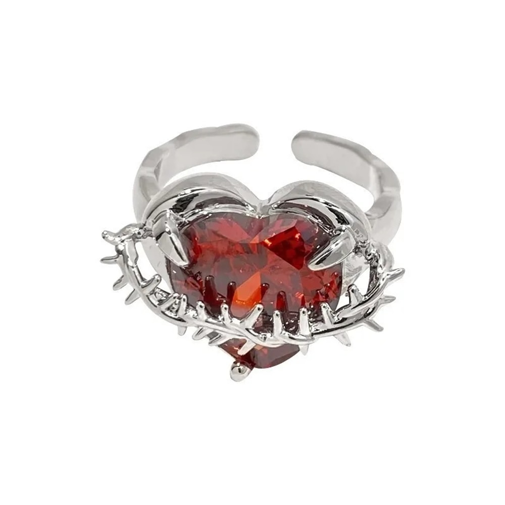 Vintage Red Crystal Heart Ring Adjustable Punk Jewelry for Women