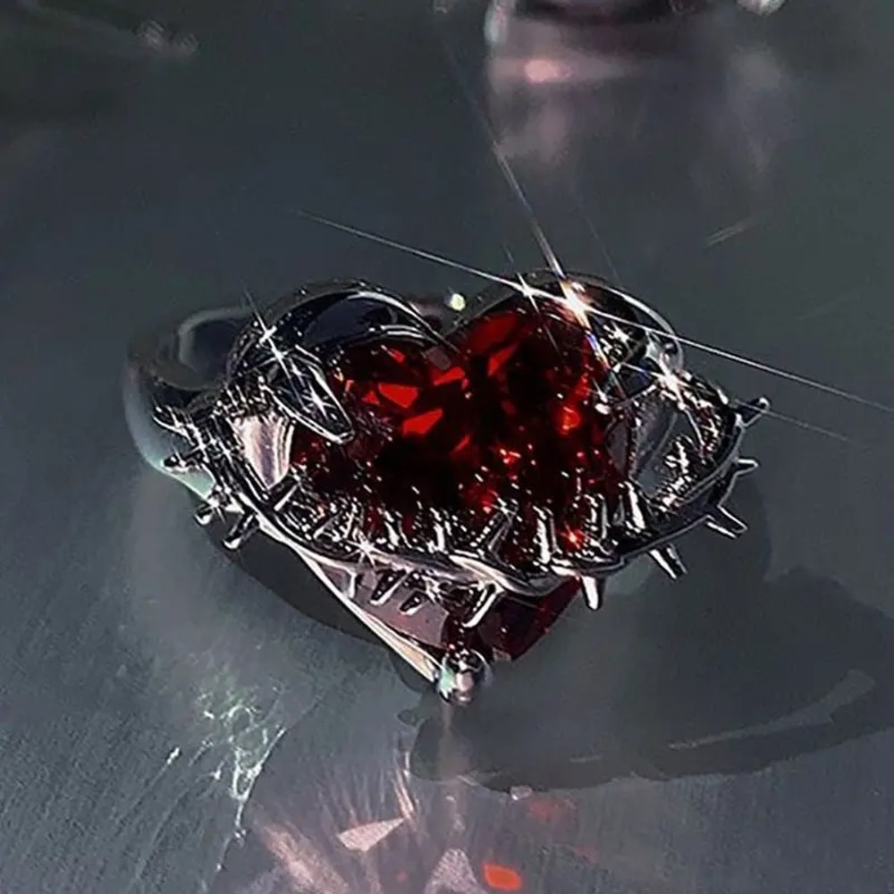 Vintage Red Crystal Heart Ring Adjustable Punk Jewelry for Women