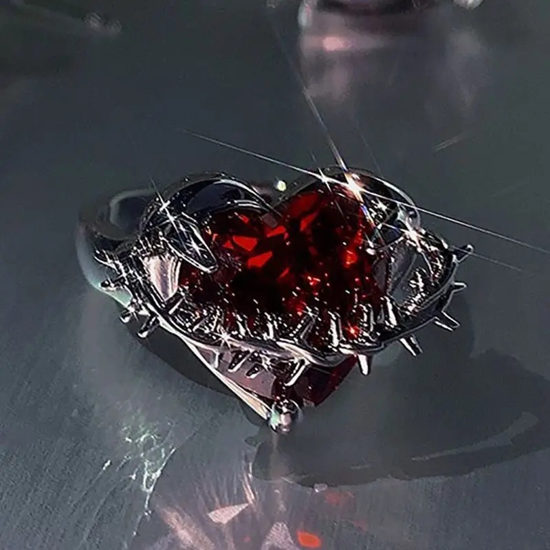 Vintage Red Crystal Heart Ring Adjustable Punk Jewelry for Women