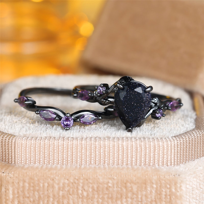 Vintage Black Gold Purple Zircon Engagement Ring Set for Women