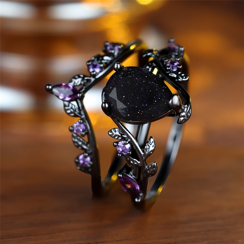 Vintage Black Gold Purple Zircon Engagement Ring Set for Women