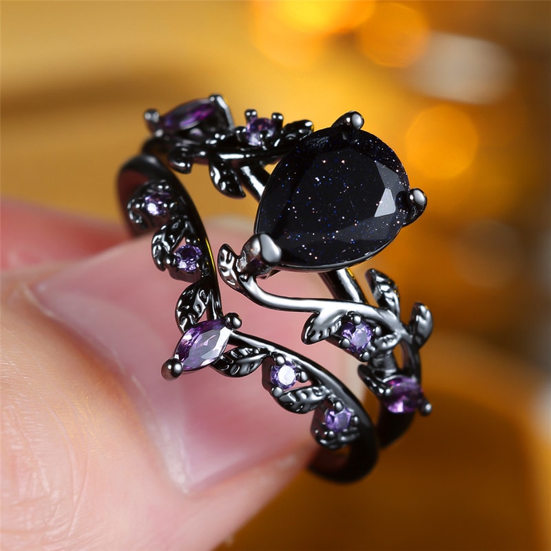 Vintage Black Gold Purple Zircon Engagement Ring Set for Women