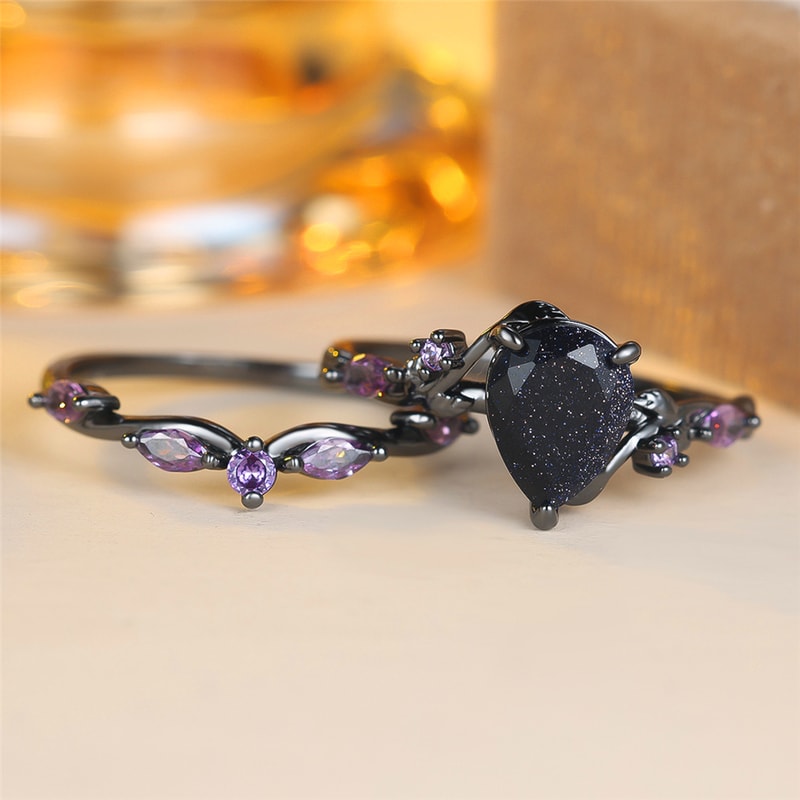 Vintage Black Gold Purple Zircon Engagement Ring Set for Women