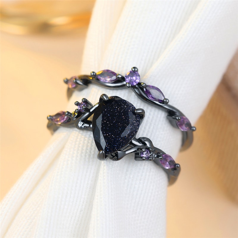 Vintage Black Gold Purple Zircon Engagement Ring Set for Women