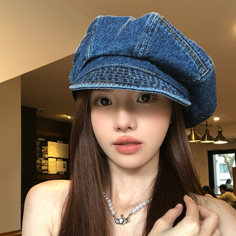 Vintage Denim Newsboy Beret Cap for Women Lightweight Japanese Octagonal Hat
