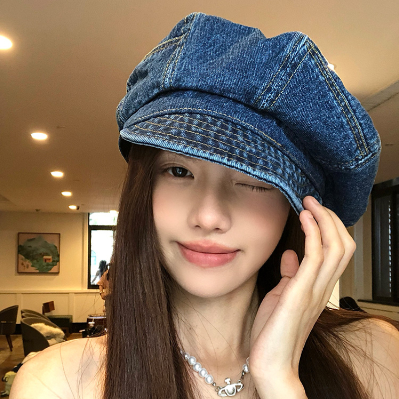 Vintage Denim Newsboy Beret Cap for Women Lightweight Japanese Octagonal Hat