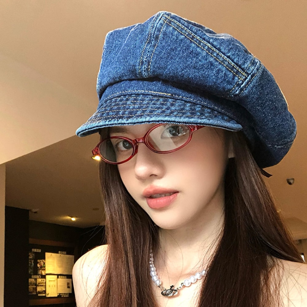 Vintage Denim Newsboy Beret Cap for Women Lightweight Japanese Octagonal Hat