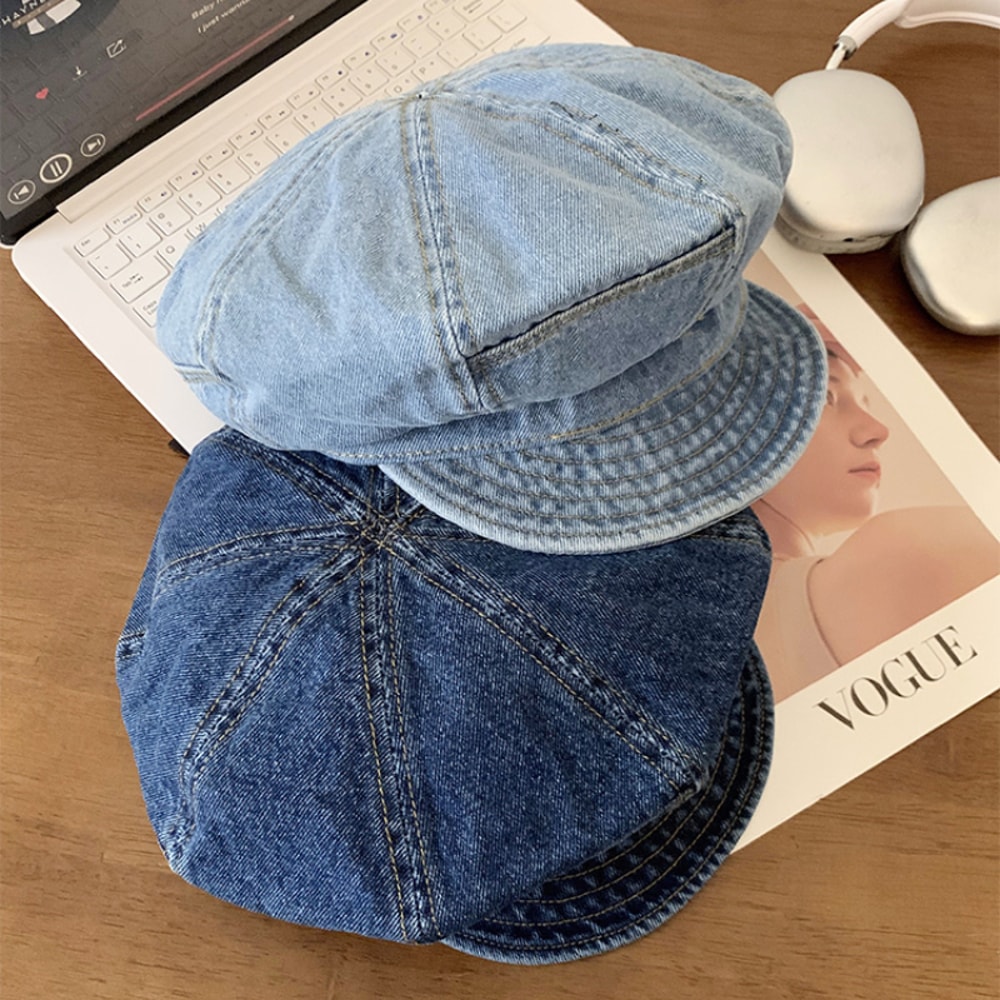 Vintage Denim Newsboy Beret Cap for Women Lightweight Japanese Octagonal Hat