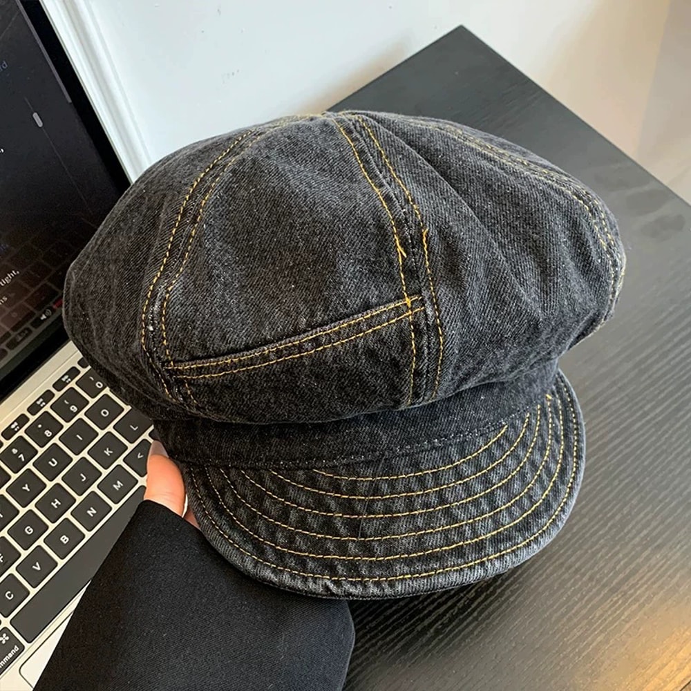 Vintage Denim Newsboy Beret Cap for Women Lightweight Japanese Octagonal Hat