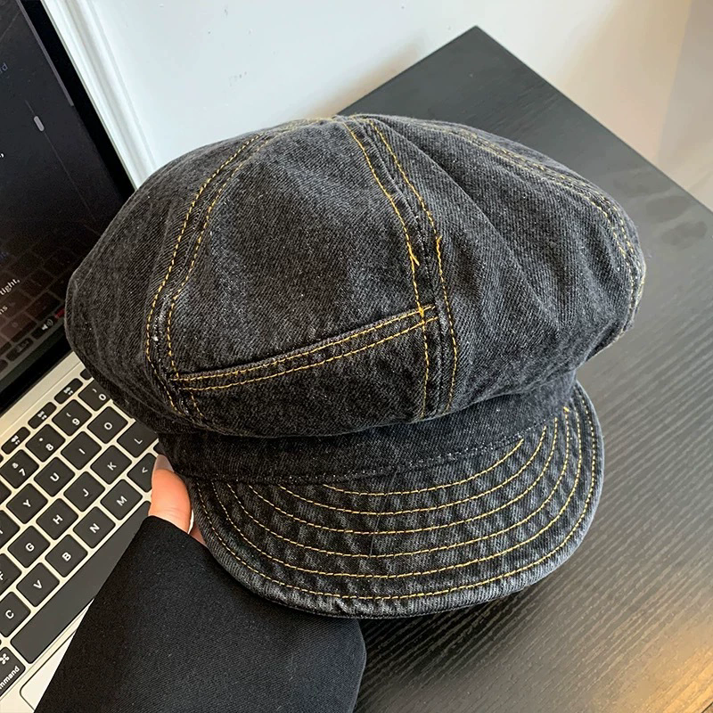 Vintage Denim Newsboy Beret Cap for Women Lightweight Japanese Octagonal Hat
