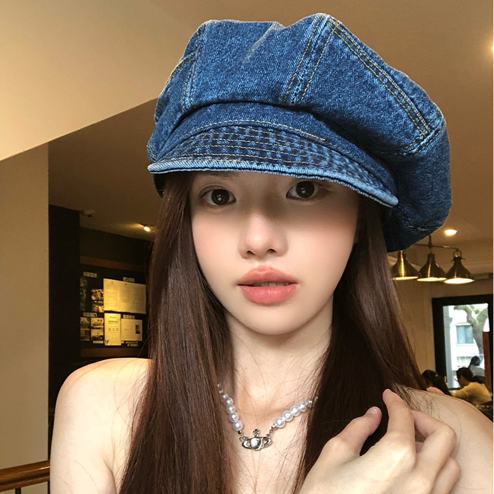 Vintage Denim Newsboy Beret Cap for Women Lightweight Japanese Octagonal Hat