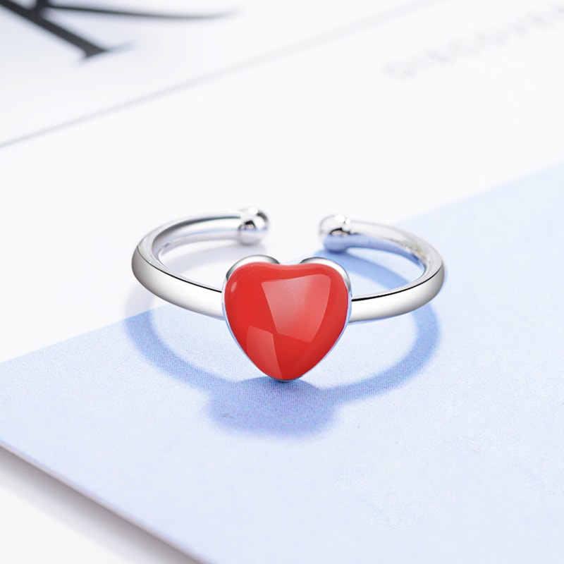 Sterling Silver Red Heart Ring Adjustable Promise Jewelry Gift For Girls And Women 2