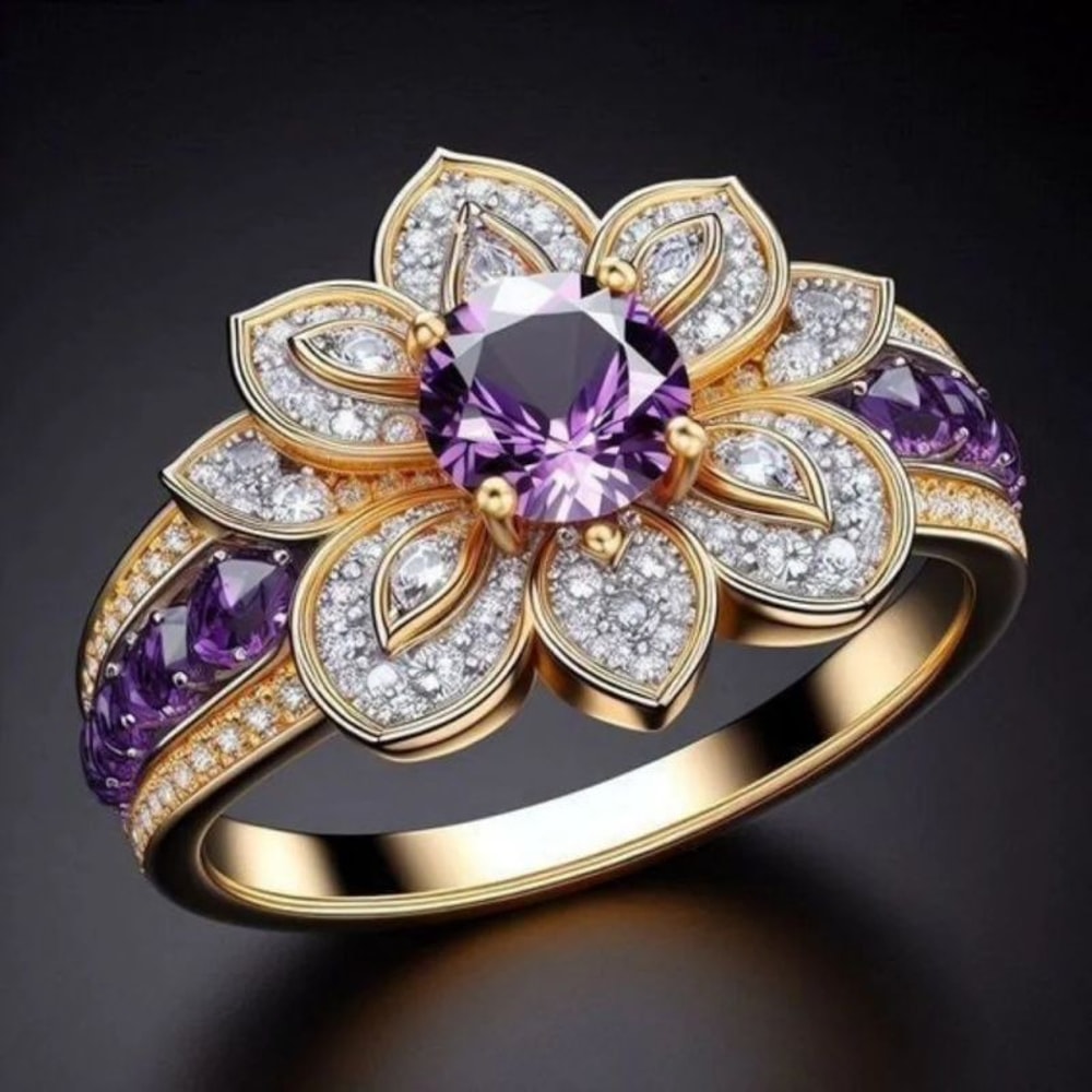 Purple Flower Zircon Ring for Women Elegant Floral Birthstone Jewelry Gift