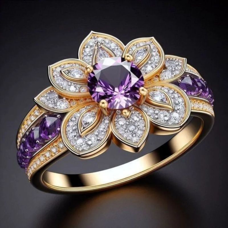 Purple Flower Zircon Ring for Women Elegant Floral Birthstone Jewelry Gift