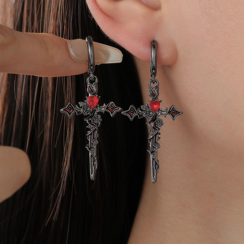 Gothic Thorn Cross Drop Earrings In Titanium Steel For Women 6