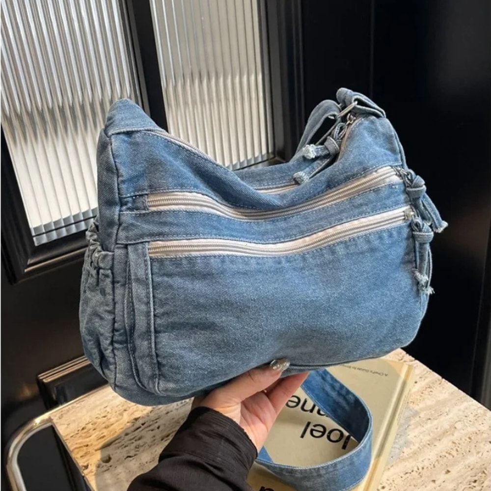 Vintage Denim Shoulder Bag For Women Large Capacity Crossbody Satchel 0