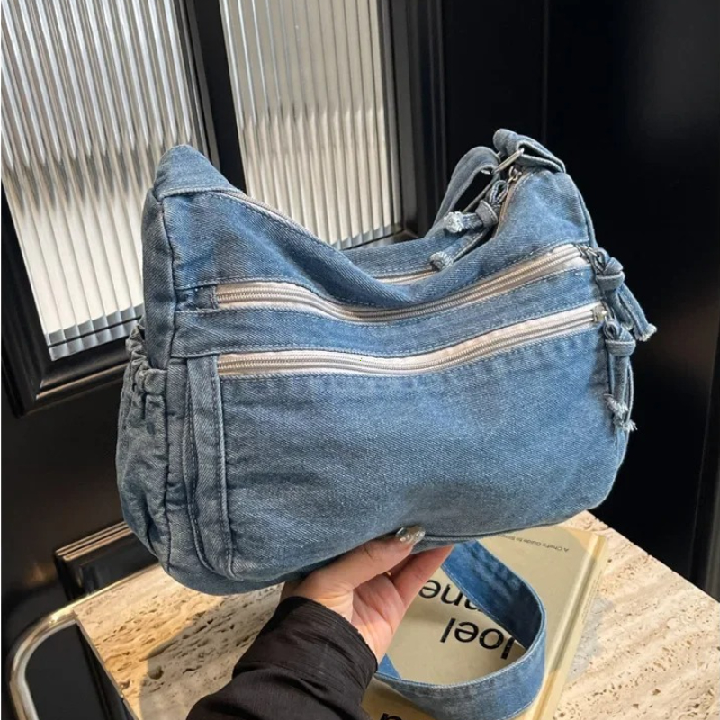 Vintage Denim Shoulder Bag For Women Large Capacity Crossbody Satchel 0
