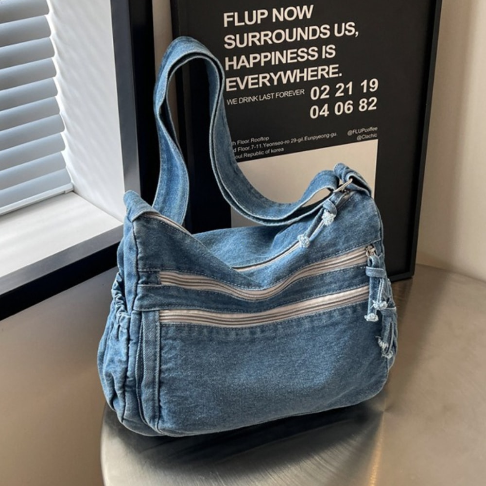 Vintage Denim Shoulder Bag For Women Large Capacity Crossbody Satchel 1