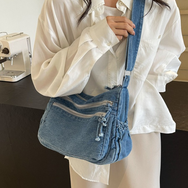 Vintage Denim Shoulder Bag For Women Large Capacity Crossbody Satchel 2
