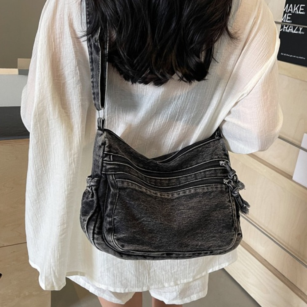 Vintage Denim Shoulder Bag For Women Large Capacity Crossbody Satchel 3