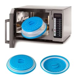 collapsible microwave splatter cover with easy grip handle and food strainer basket