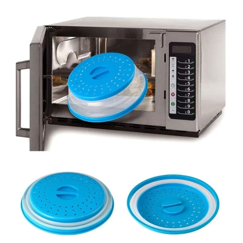Collapsible Microwave Splatter Cover with Easy Grip Handle and Food Strainer Basket