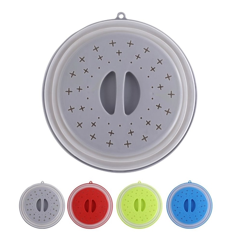 Collapsible Microwave Splatter Cover with Easy Grip Handle and Food Strainer Basket