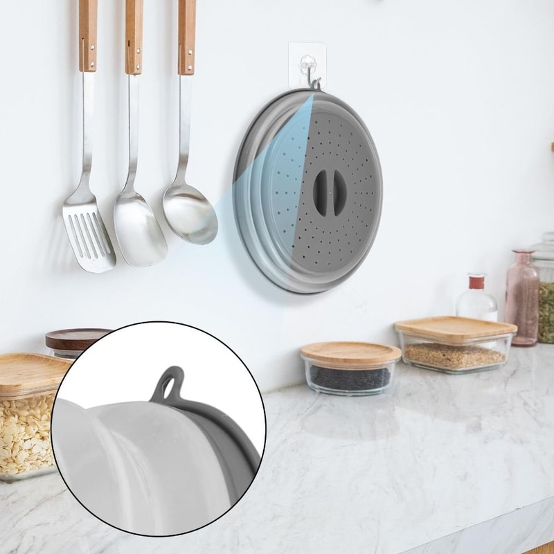 Collapsible Microwave Splatter Cover with Easy Grip Handle and Food Strainer Basket