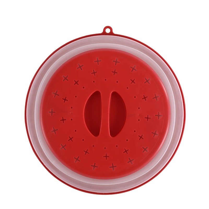 Collapsible Microwave Splatter Cover with Easy Grip Handle and Food Strainer Basket