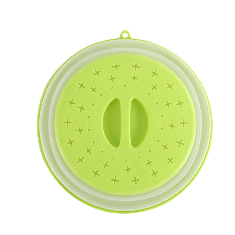 Collapsible Microwave Splatter Cover with Easy Grip Handle and Food Strainer Basket