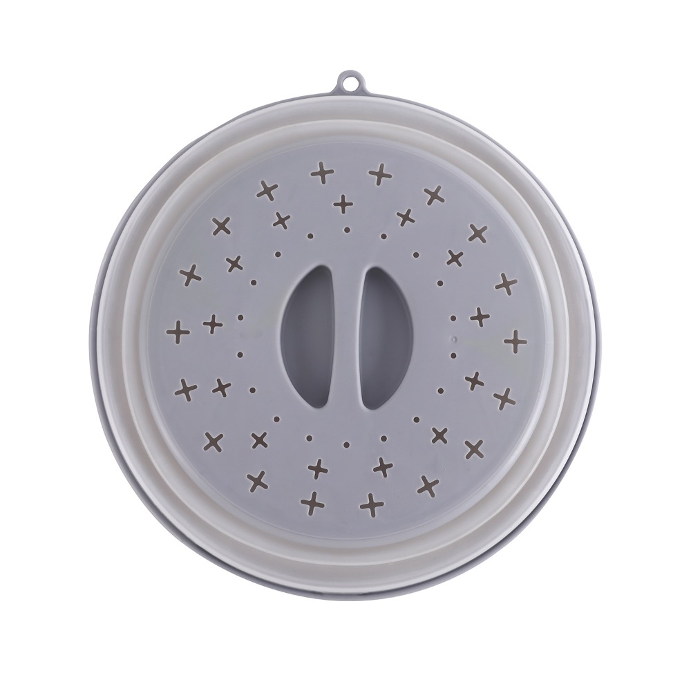 Collapsible Microwave Splatter Cover with Easy Grip Handle and Food Strainer Basket