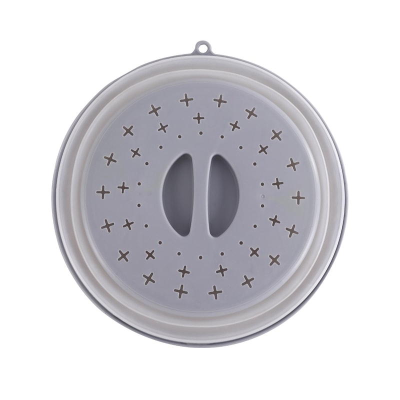 Collapsible Microwave Splatter Cover with Easy Grip Handle and Food Strainer Basket