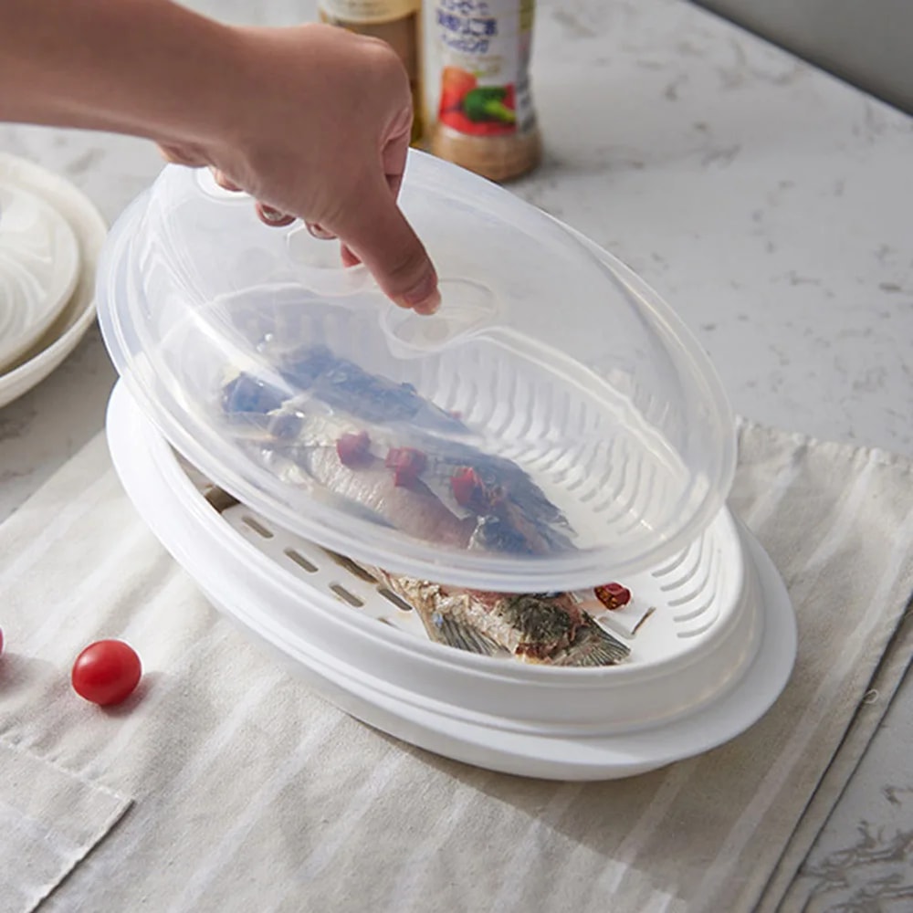 QuickSteam Microwave Fish Steamer Tray with Lid for Fish, Dumplings & Vegetables