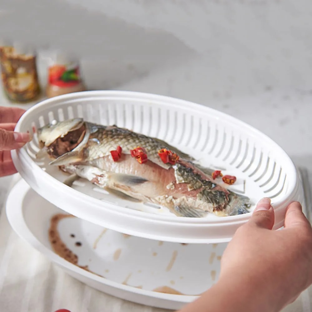 QuickSteam Microwave Fish Steamer Tray with Lid for Fish, Dumplings & Vegetables