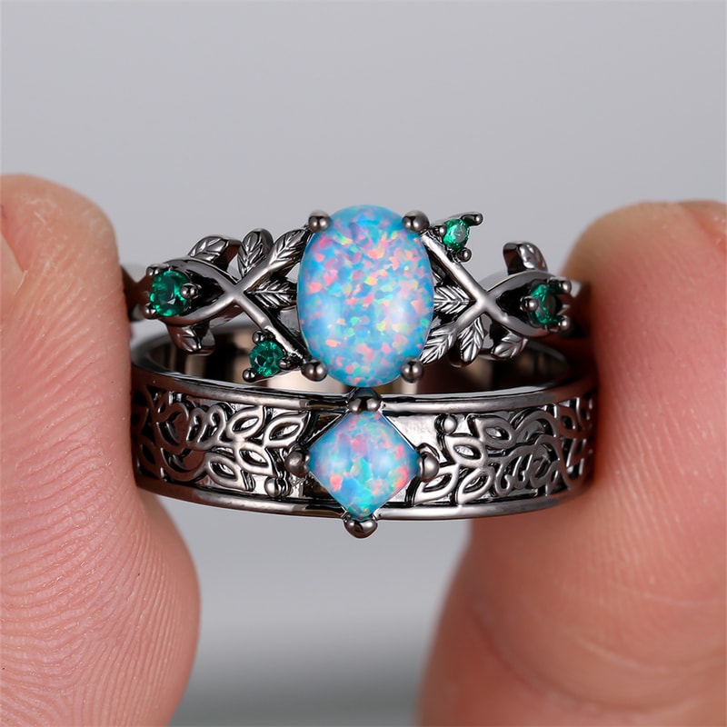 Vintage Blue Opal & Green Zircon Engagement Ring Set for Women