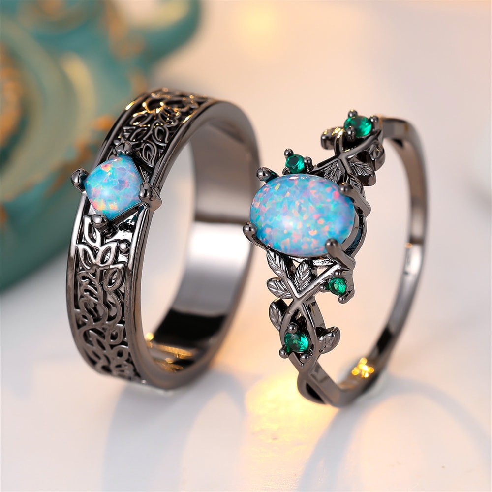 Vintage Blue Opal & Green Zircon Engagement Ring Set for Women