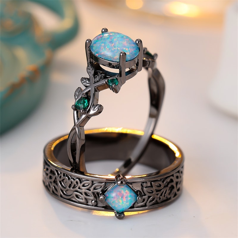 Vintage Blue Opal & Green Zircon Engagement Ring Set for Women