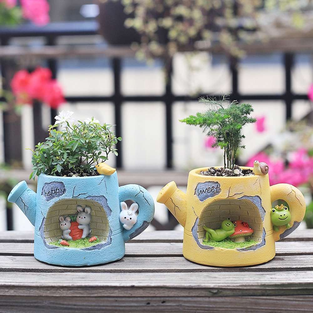 Whimsical Animal Watering Can Planter For Succulents Fairy Garden Decor 3